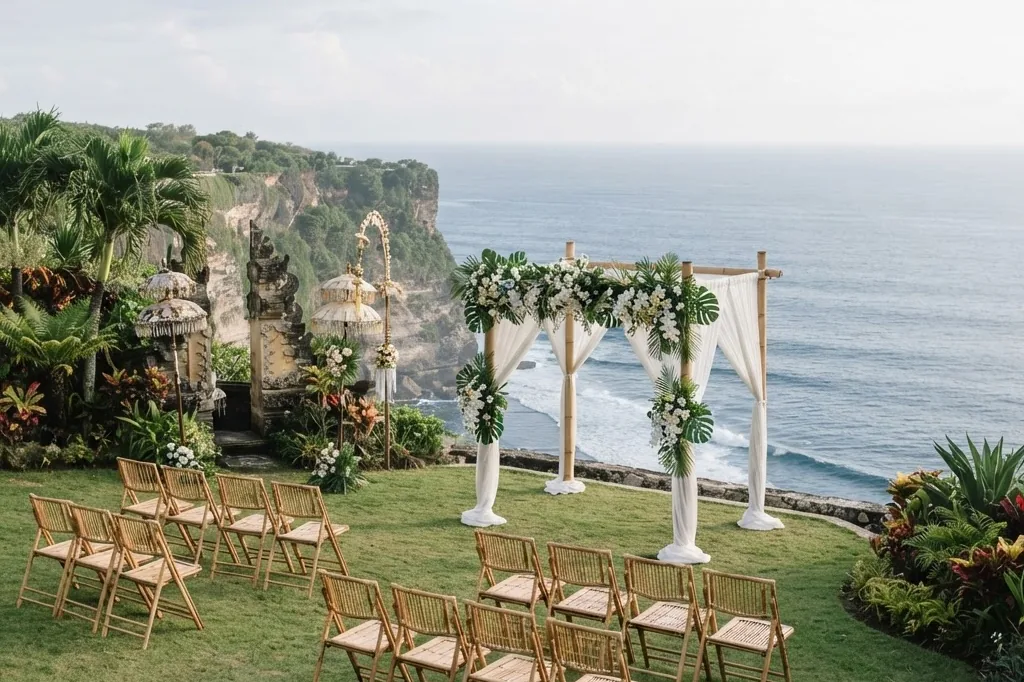 Mit KI erstelltes Bild: Klippe über dem Meer auf Bali mit Tempel im Hintergrund