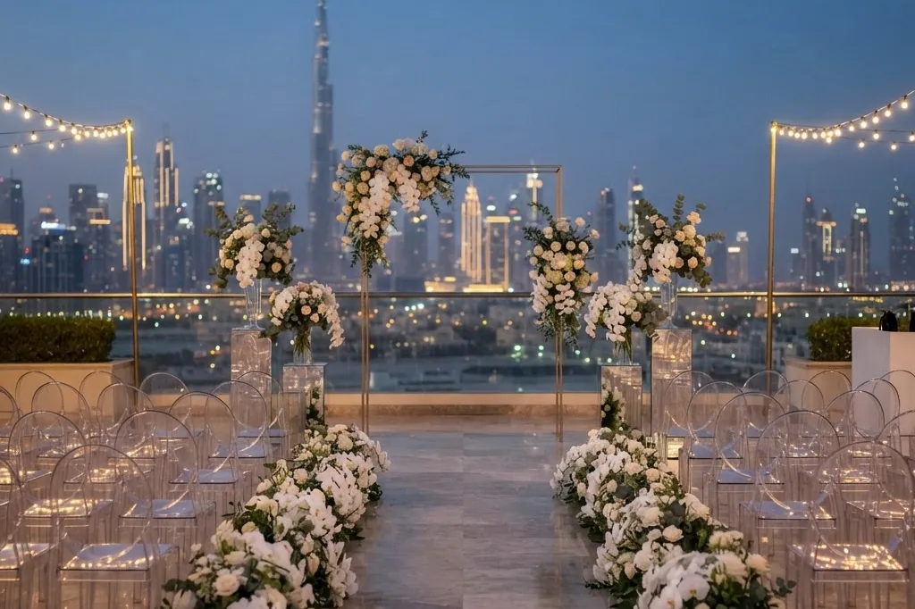 Mit KI erstelltes Bild: Hotelterrasse in Dubai mit Blick auf Meer und Skyline
