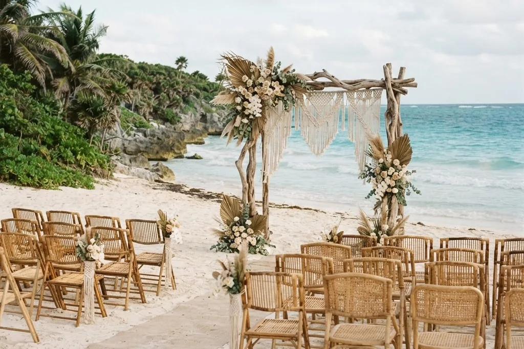 Mit KI erstelltes Bild: Karibikküste bei Tulum mit Strand, Palmen und Ruine auf dem Felsen
